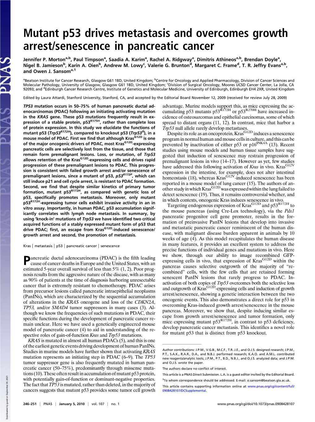 Mutant P53 Drives Metastasis and Overcomes Growth Arrest/Senescence in Pancreatic Cancer