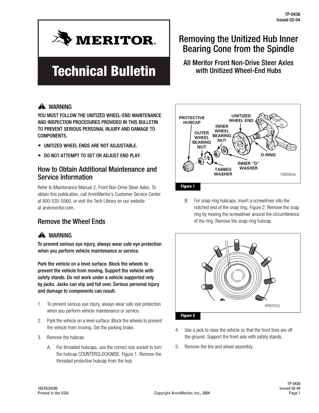 Meritor Front Non-Drive Steer Axles Technical Bulletin with Unitized Wheel-End Hubs