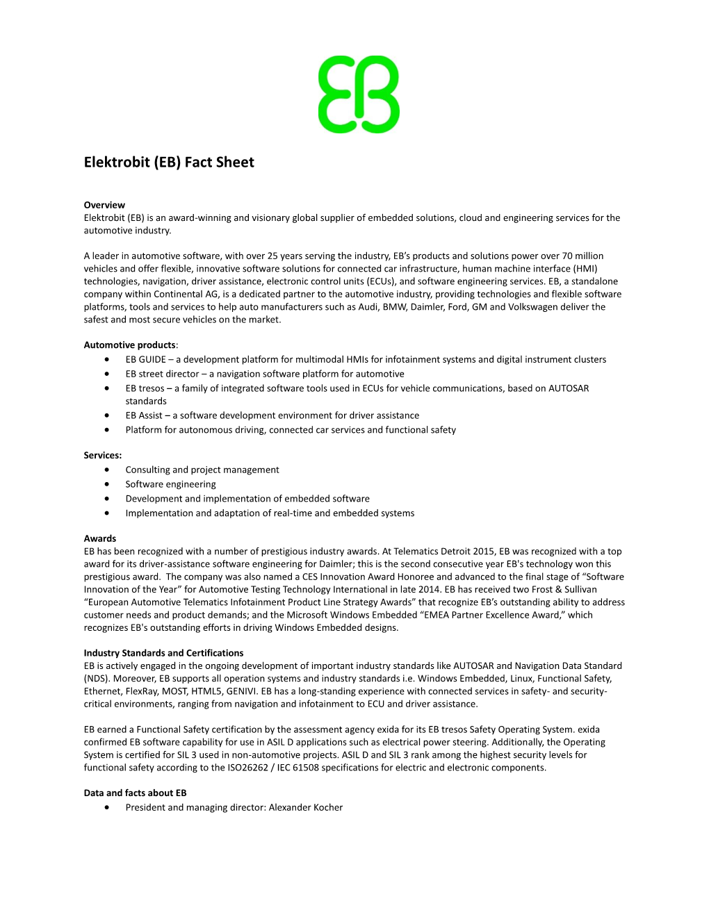 Elektrobit (EB) Fact Sheet