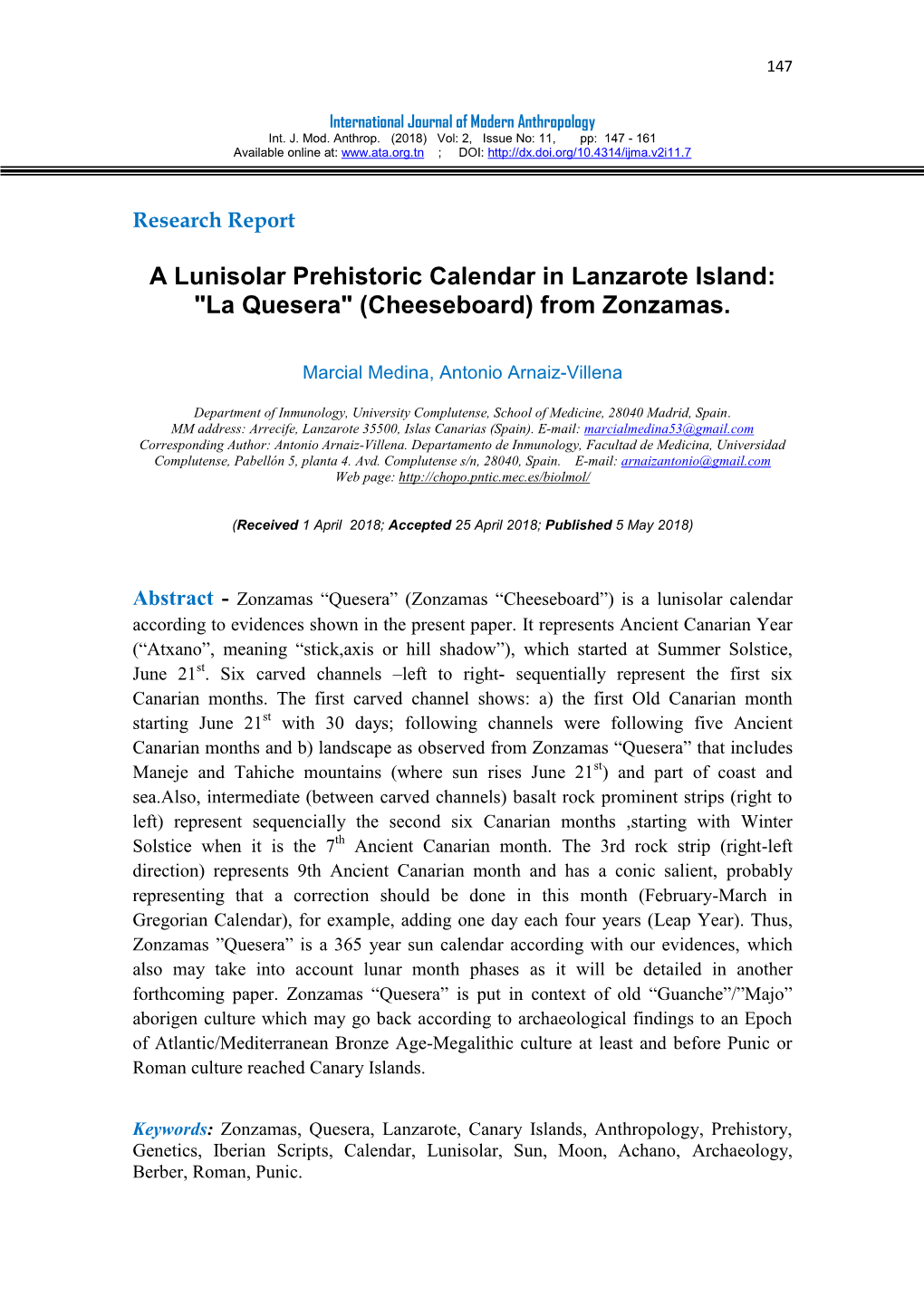 A Lunisolar Prehistoric Calendar in Lanzarote Island: 