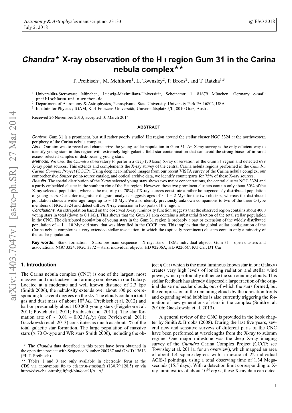 Chandra⋆ X-Ray Observation of the Hii Region Gum 31 in the Carina