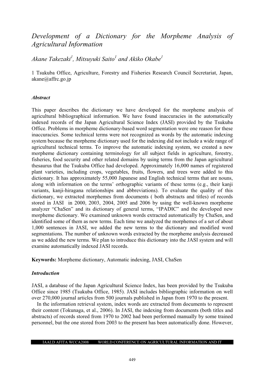 Development of a Dictionary for the Morpheme Analysis of Agricultural Information