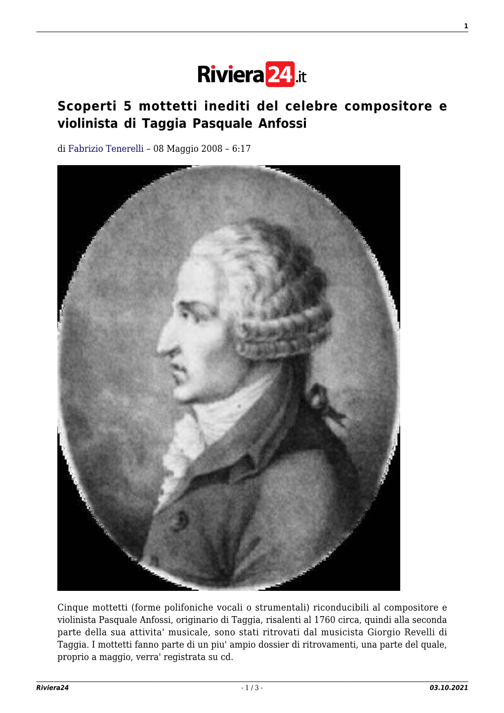Scoperti 5 Mottetti Inediti Del Celebre Compositore E Violinista Di Taggia Pasquale Anfossi