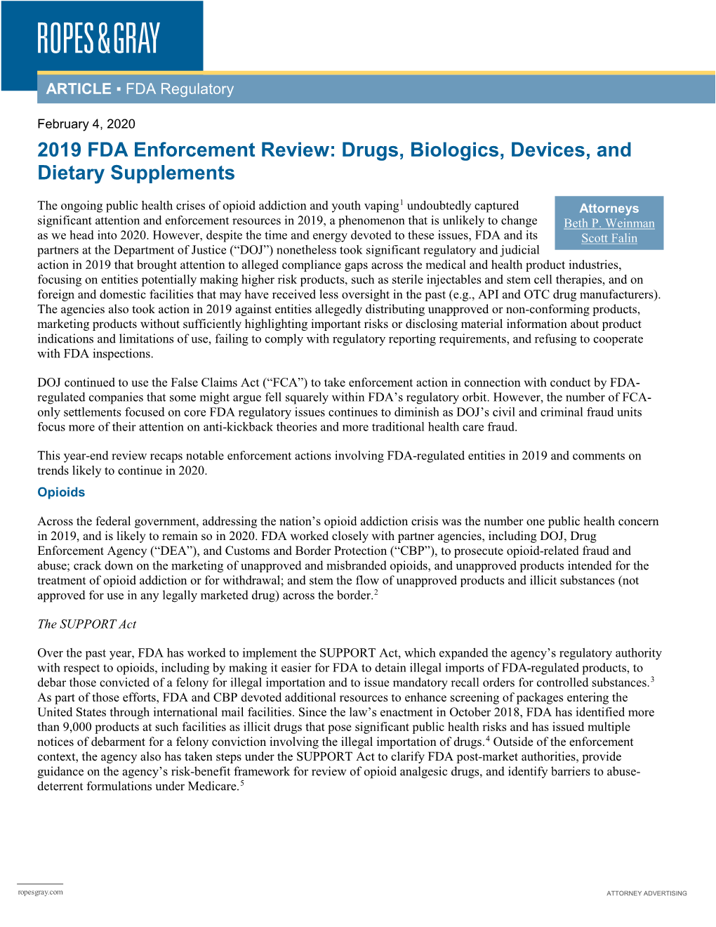 2019 FDA Enforcement Review: Drugs, Biologics, Devices, and Dietary Supplements