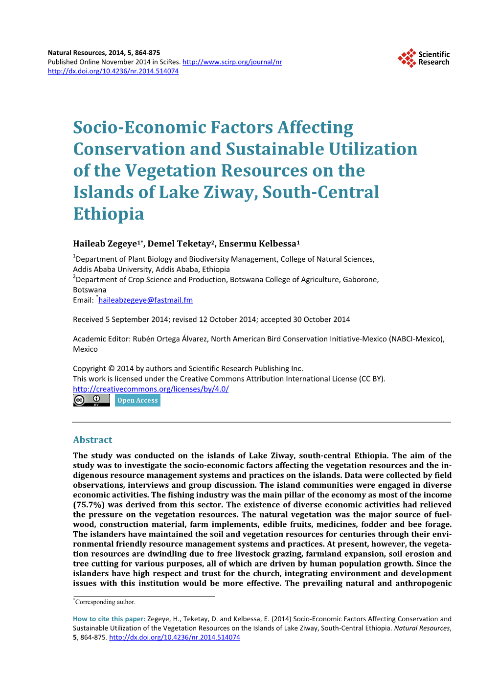 Socio-Economic Factors Affectingconservation and Sustainable Utilization of the Vegetation Resources on the Islands of Lake Ziwa