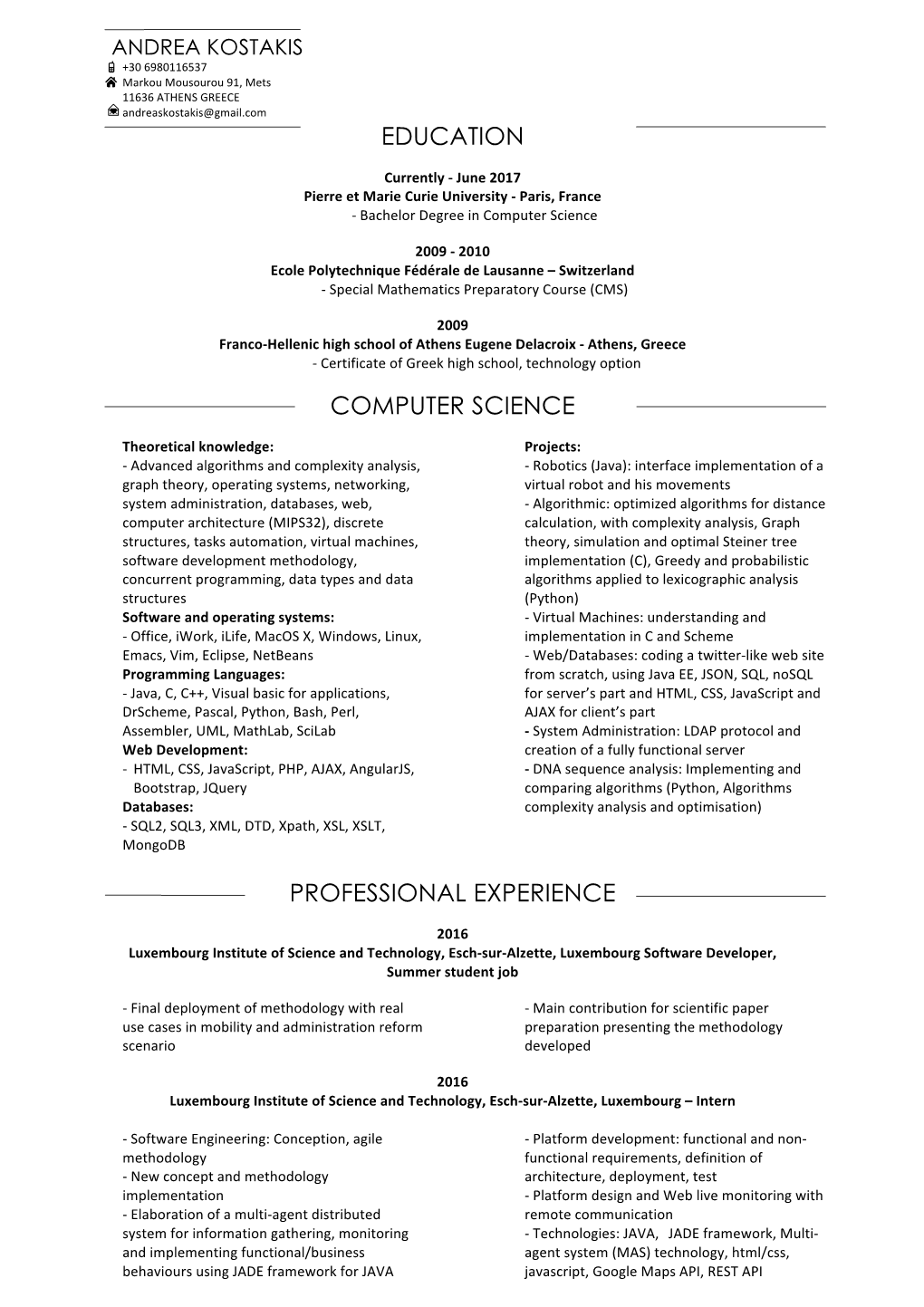 Education Computer Science Professional Experience