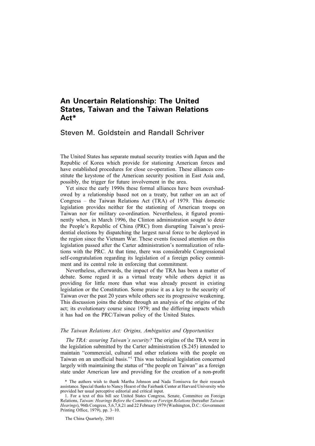 The United States, Taiwan and the Taiwan Relations Act* Steven M