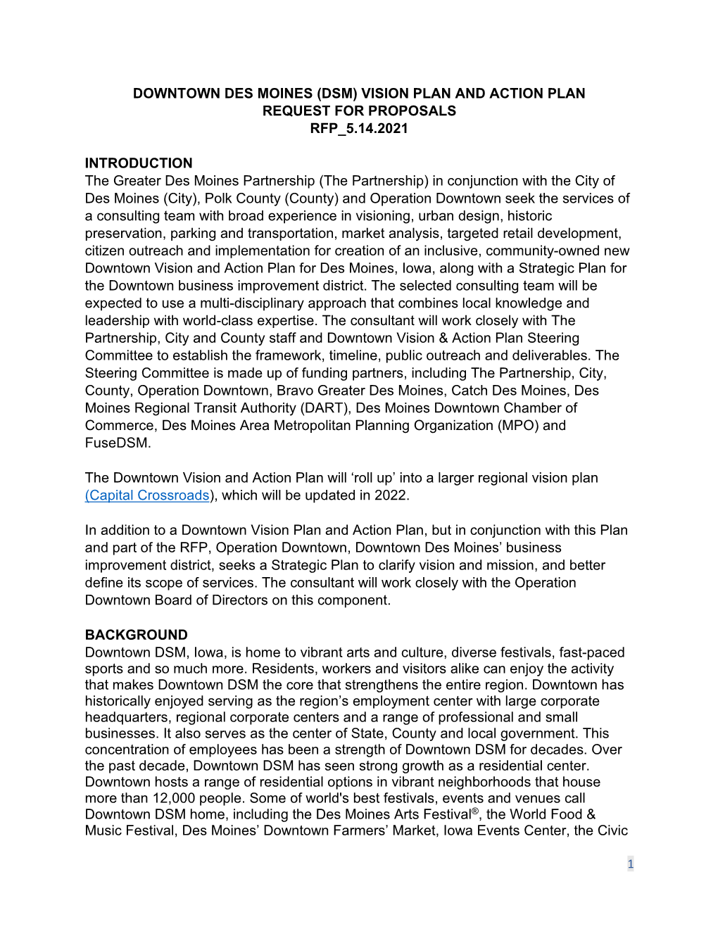 Downtown Des Moines (Dsm) Vision Plan and Action Plan Request for Proposals Rfp 5.14.2021