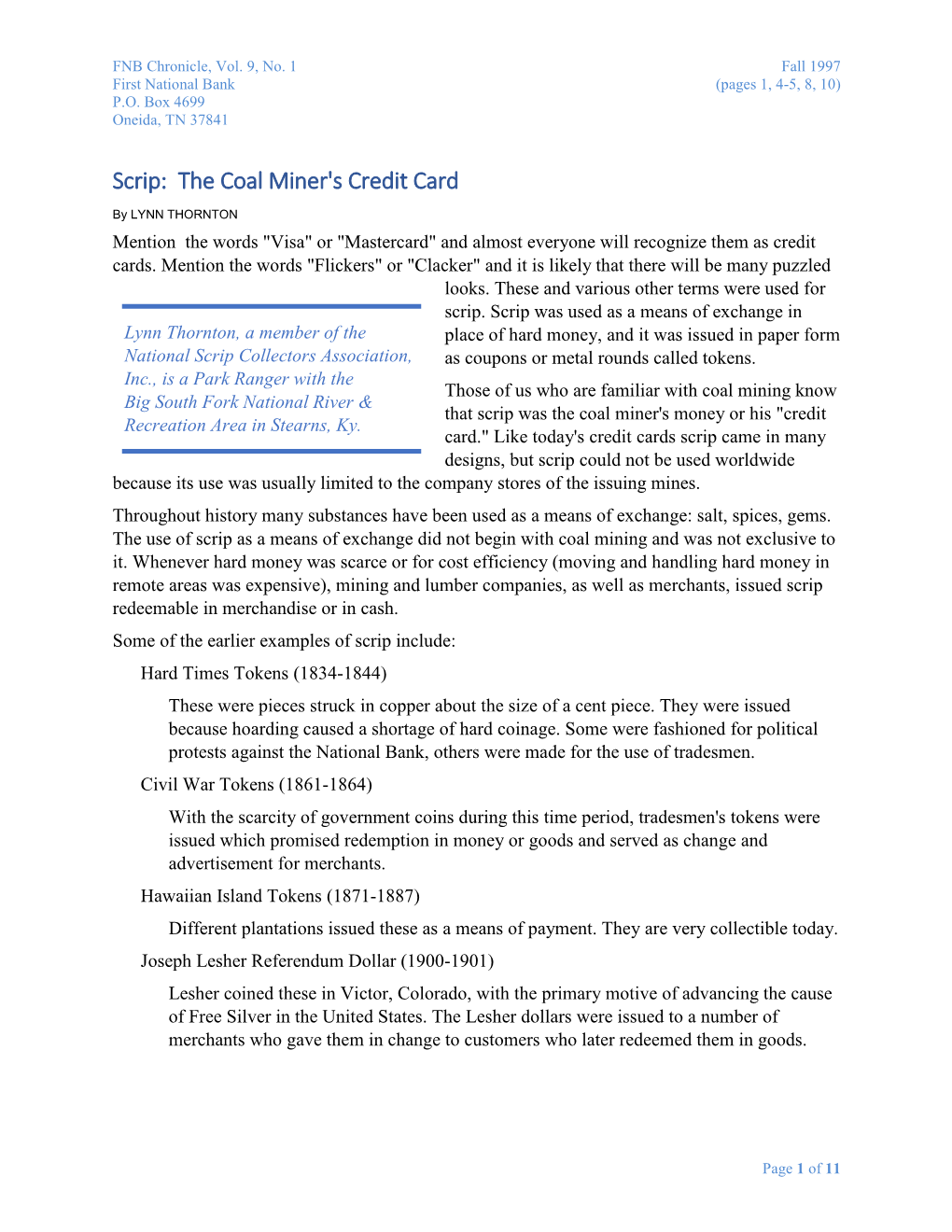 Scrip: the Coal Miner's Credit Card