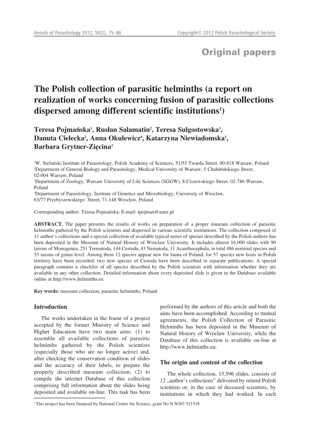 Original Papers the Polish Collection of Parasitic Helminths