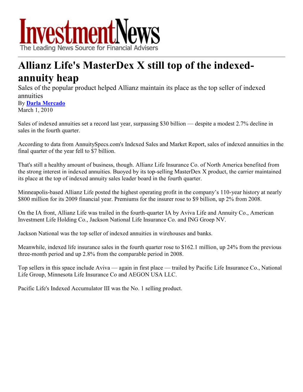 Allianz Life's Masterdex X Still Top of the Indexed- Annuity Heap