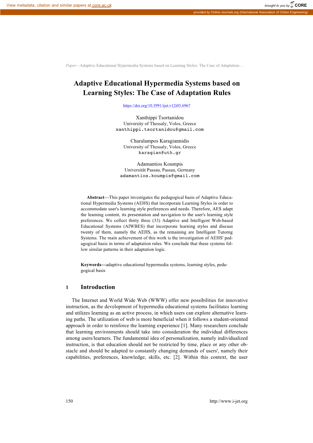 Adaptive Educational Hypermedia Systems Based on Learning Styles: the Case of Adaptation…