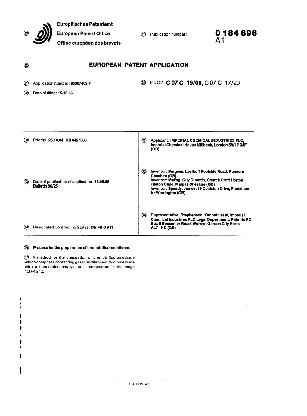 Process for the Preparation of Bromotrifluoromethane