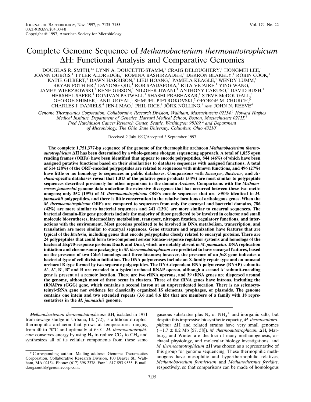 Complete Genome Sequence of Methanobacterium Thermoautotrophicum ⌬H: Functional Analysis and Comparative Genomics DOUGLAS R