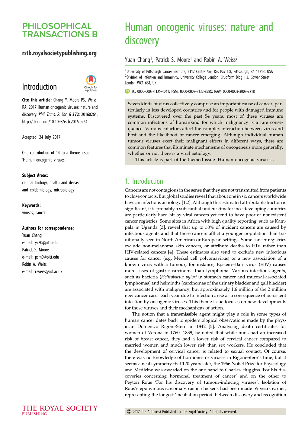 Human Oncogenic Viruses: Nature and Discovery Rstb.Royalsocietypublishing.Org Yuan Chang1, Patrick S