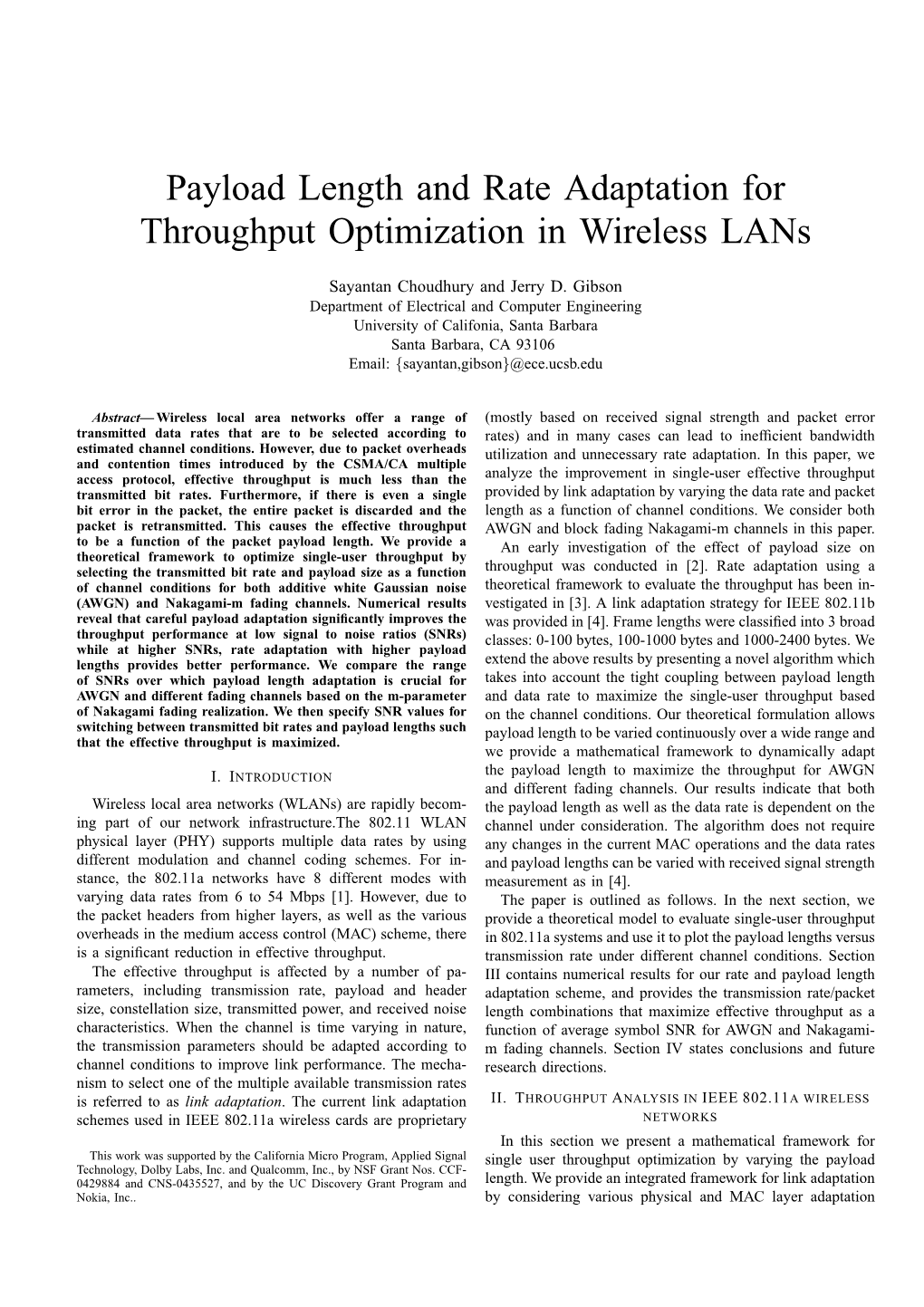 Payload Length and Rate Adaptation for Throughput Optimization in Wireless Lans