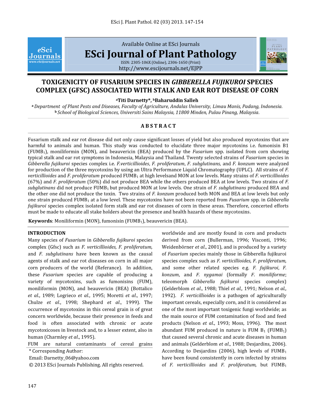 Toxigenicity of Fusarium Species in Gibberella Fujikuroi Species Complex (Gfsc) Associated with Stalk and Ear Rot Disease Of