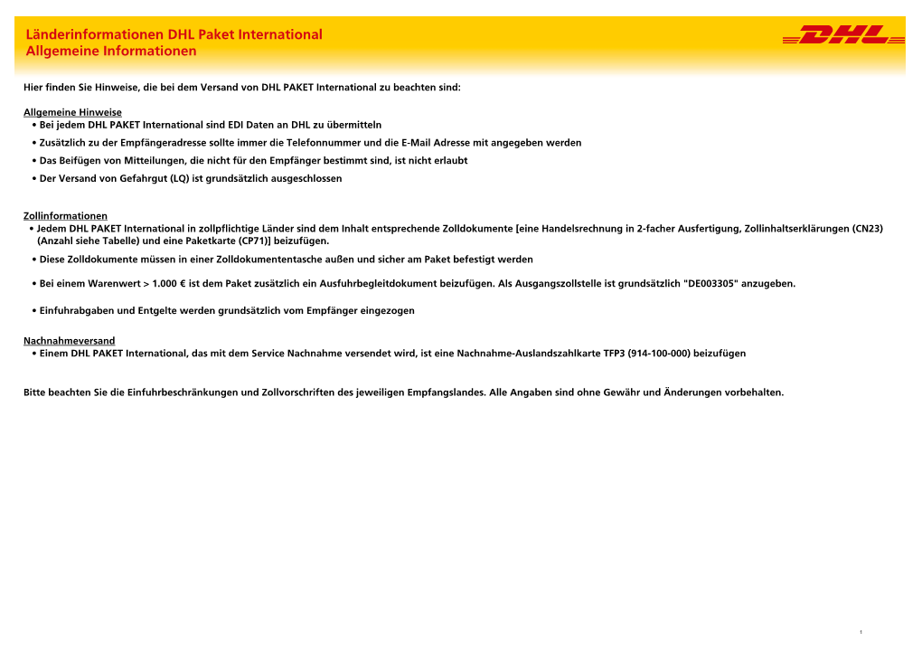 Länderinformationen DHL Paket International Allgemeine Informationen