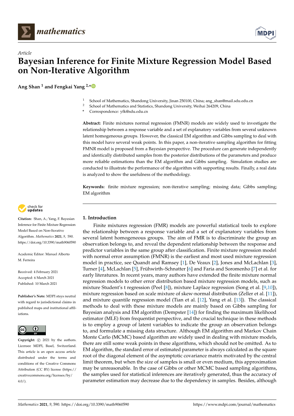 Bayesian Inference for Finite Mixture Regression Model Based on Non-Iterative Algorithm