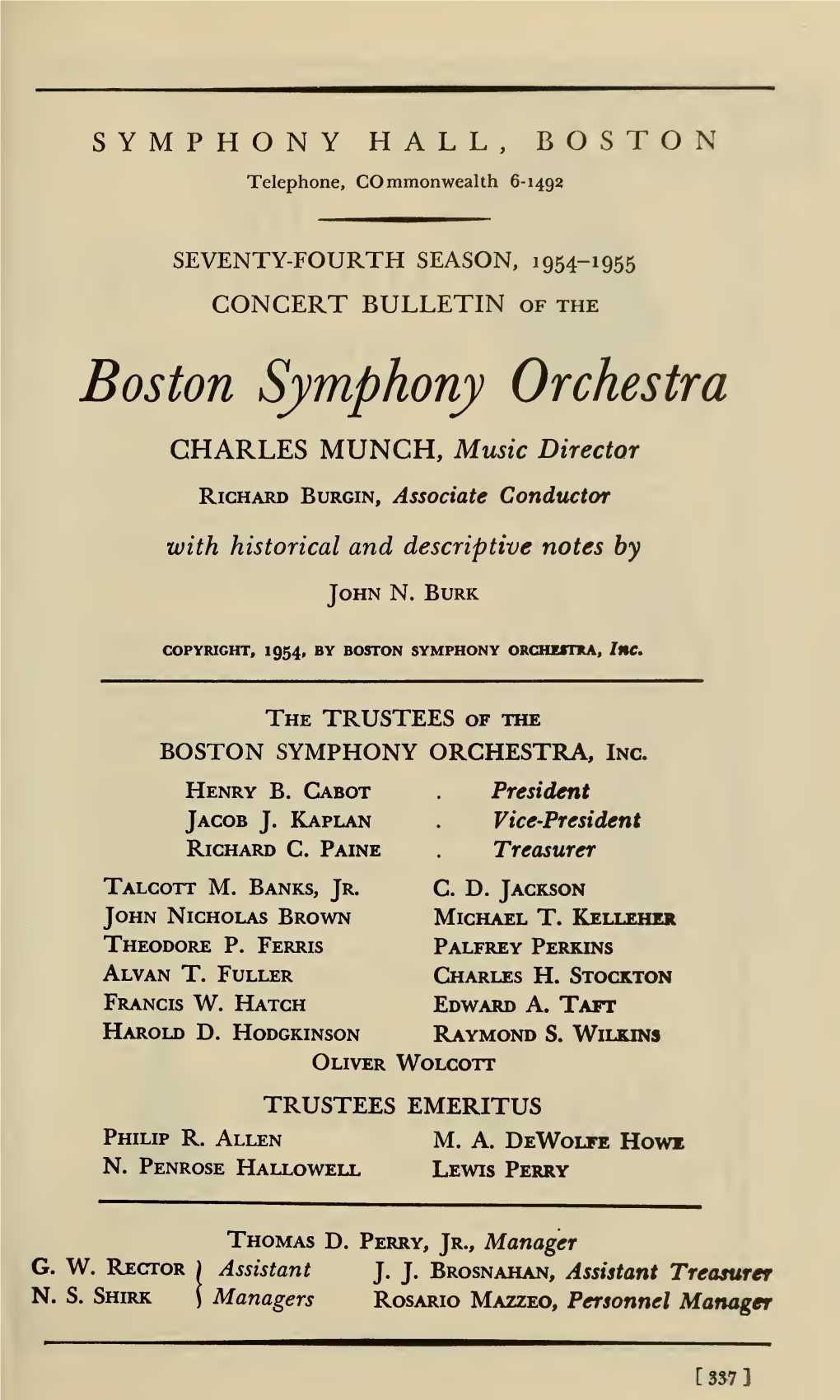 Boston Symphony Orchestra Concert Programs, Season 74, 1954-1955, Subscription