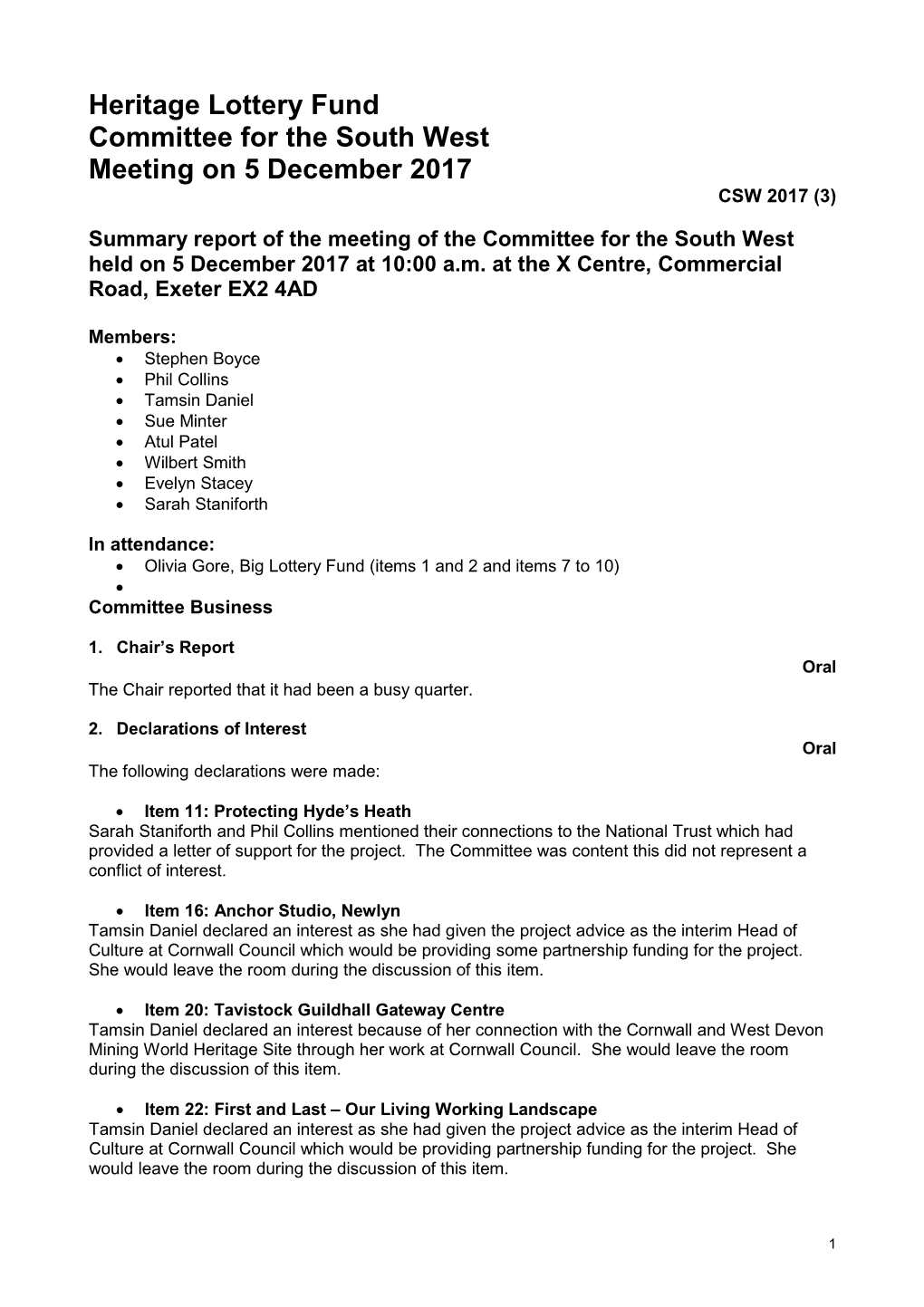 South West Committe Summary Report December 2017