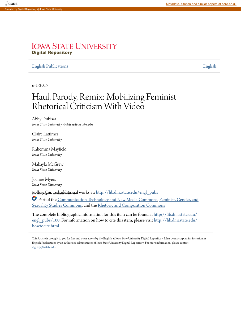 Haul, Parody, Remix: Mobilizing Feminist Rhetorical Criticism with Video Abby Dubisar Iowa State University, Dubisar@Iastate.Edu