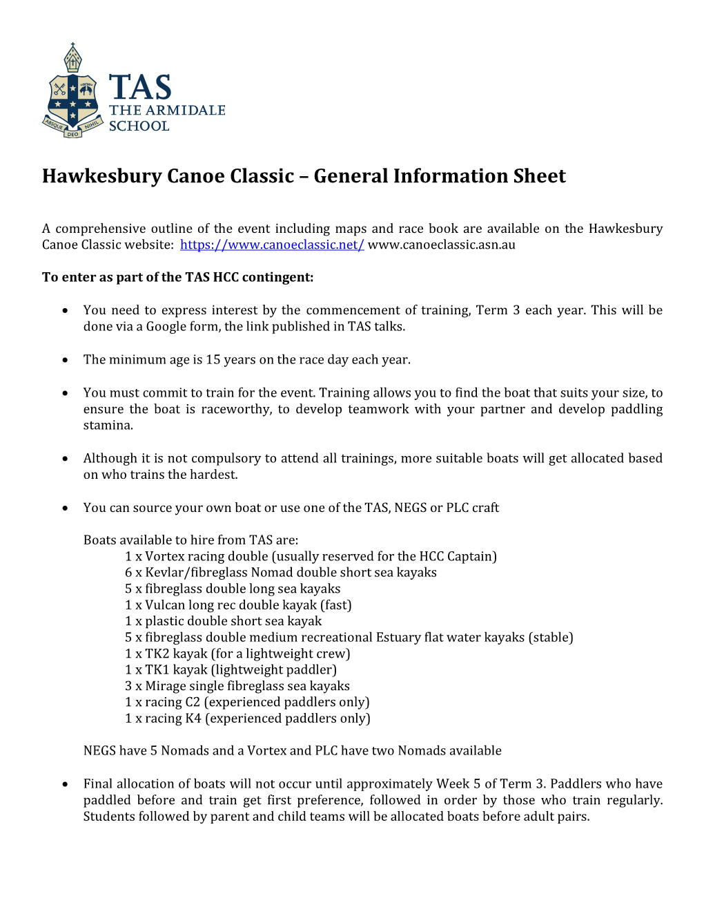 Hawkesbury Canoe Classic – General Information Sheet