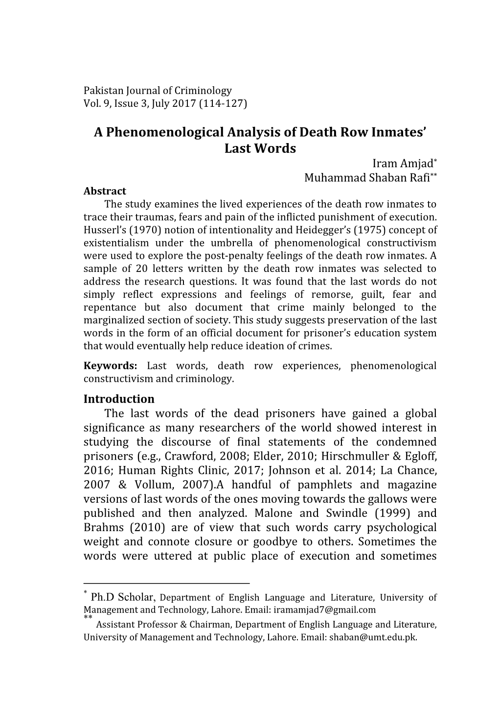 A Phenomenological Analysis of Death Row Inmates' Last Words