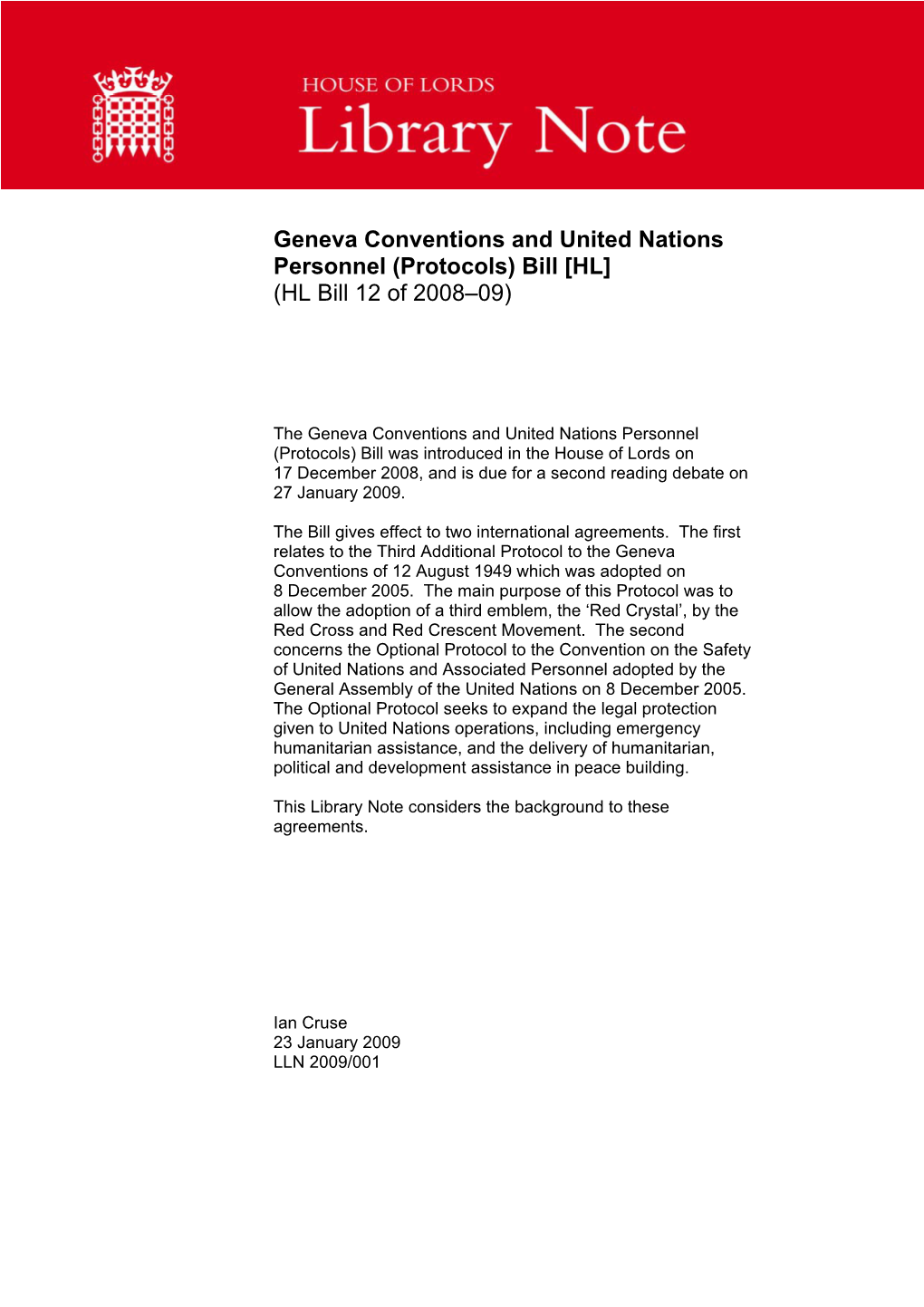 Geneva Conventions and United Nations Personnel (Protocols) Bill [HL] (HL Bill 12 of 2008–09)