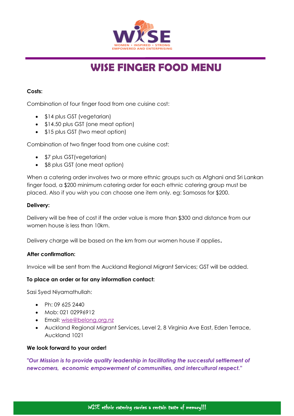 Wise Finger Food Menu