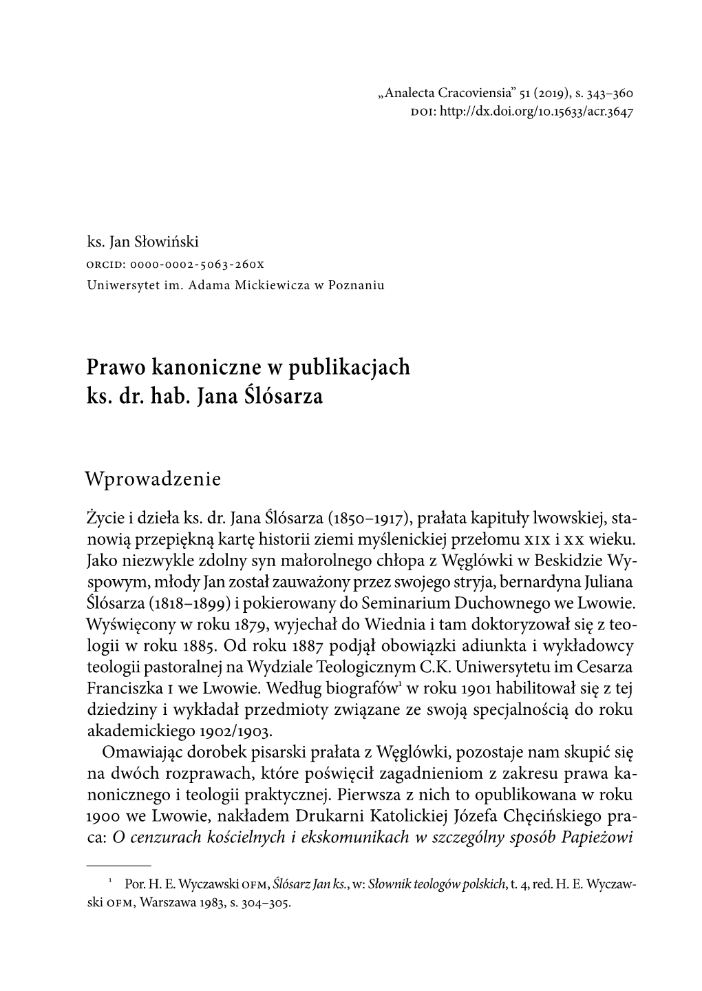 Prawo Kanoniczne W Publikacjach Ks. Dr. Hab. Jana Ślósarza