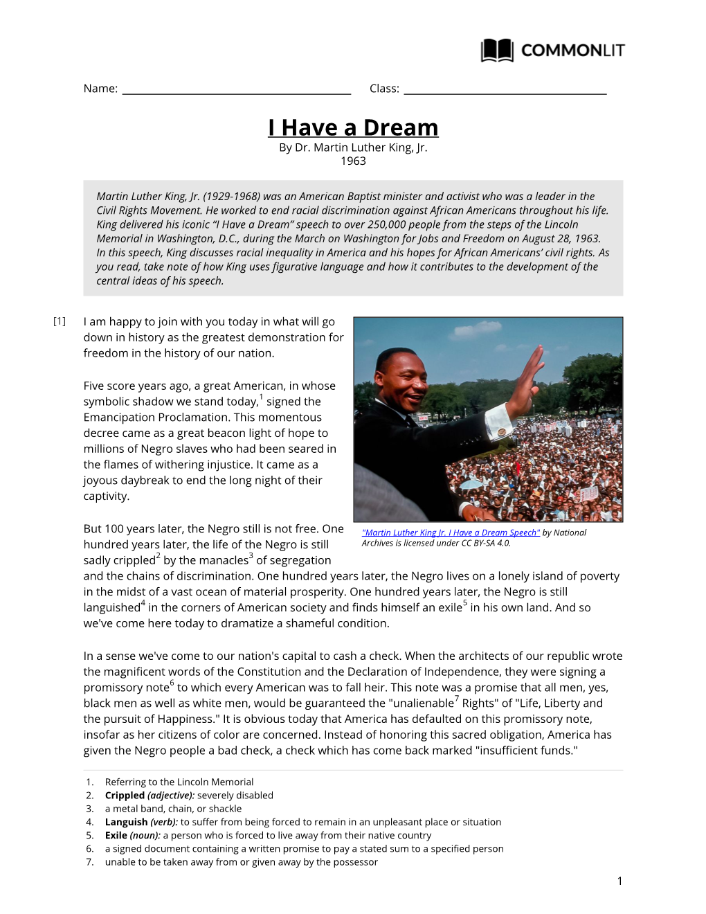 Commonlit | I Have a Dream