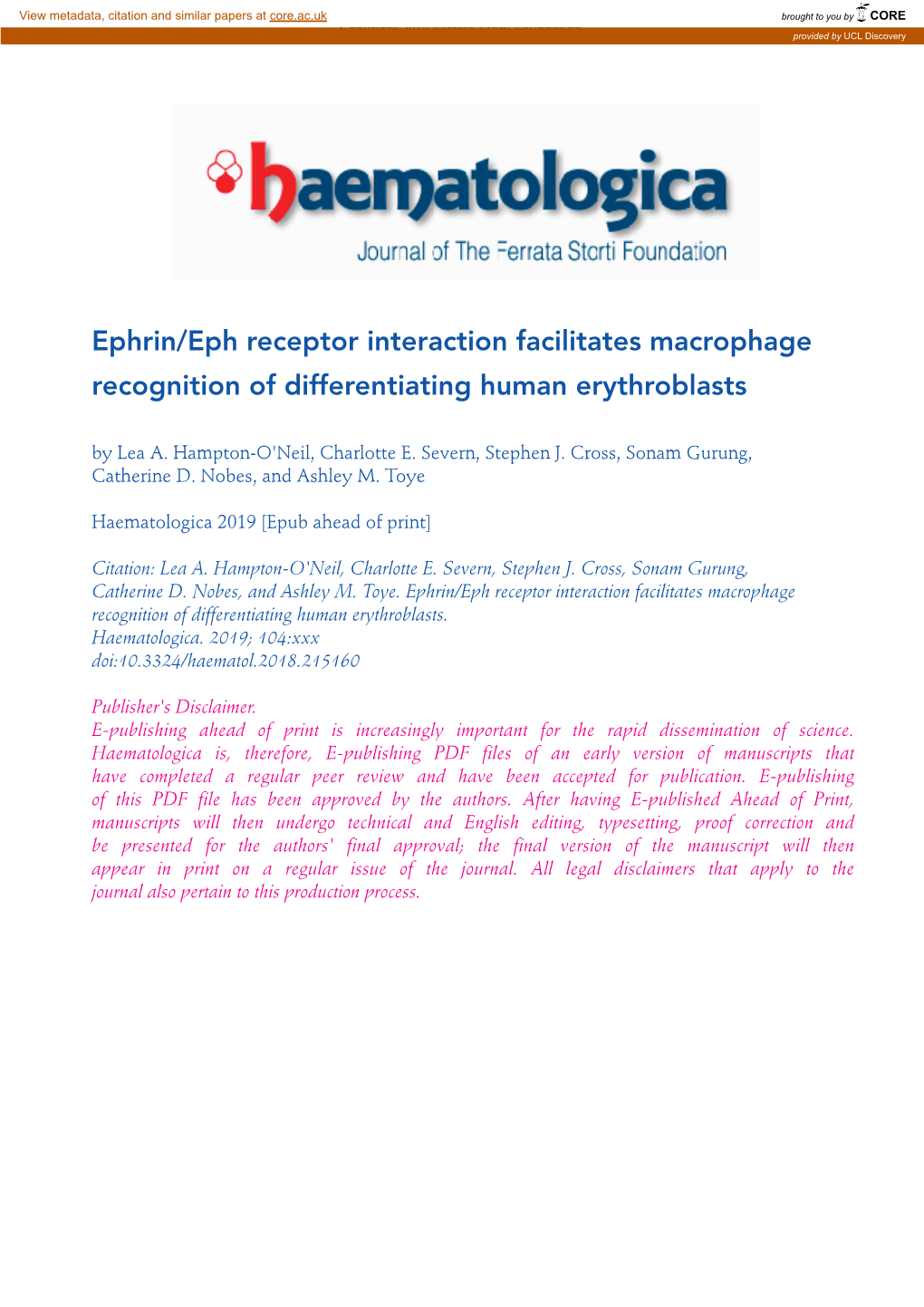 Ephrin/Eph Receptor Interaction Facilitates Macrophage Recognition of Differentiating Human Erythroblasts