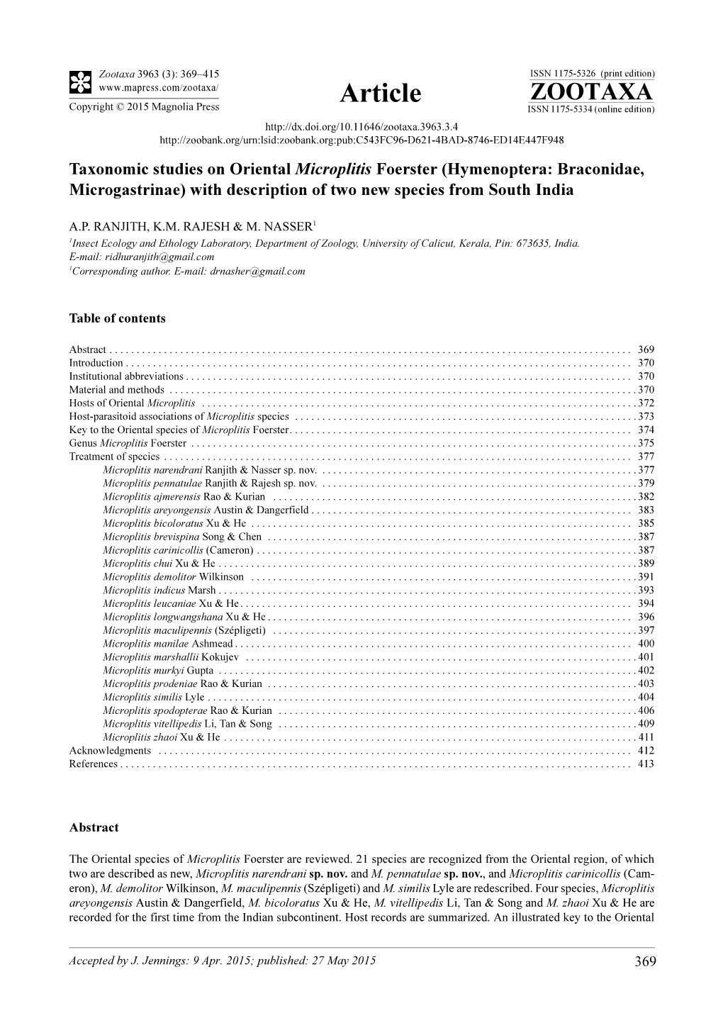 Taxonomic Studies on Oriental Microplitis Foerster (Hymenoptera: Braconidae, Microgastrinae) with Description of Two New Species from South India