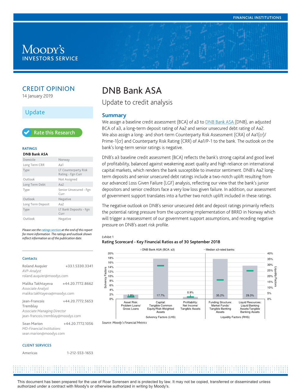 DNB Bank ASA 14 January 2019 Update to Credit Analysis