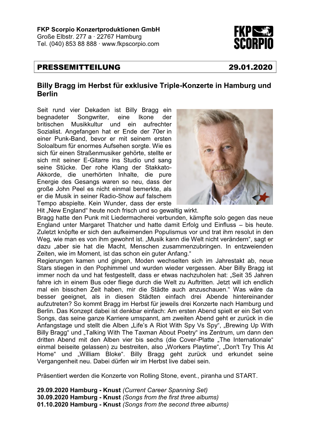 PRESSEMITTEILUNG 29.01.2020 Billy Bragg Im Herbst Für Exklusive