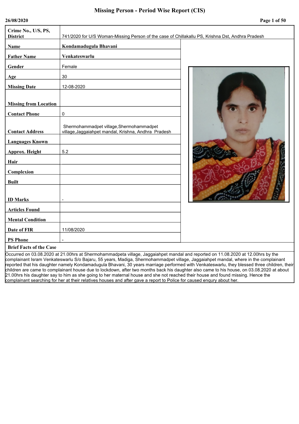 Missing Person - Period Wise Report (CIS) 26/08/2020 Page 1 of 50