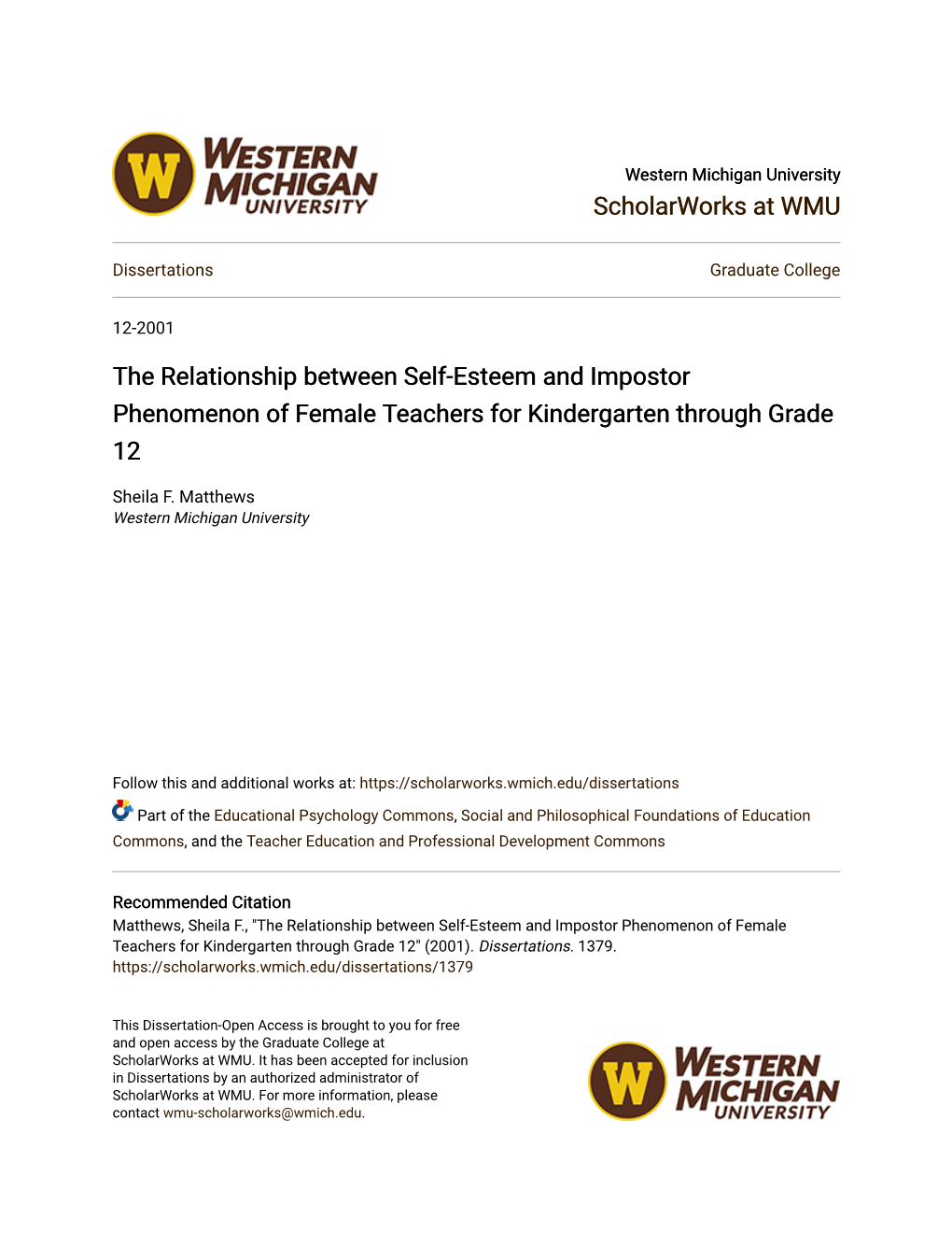 The Relationship Between Self-Esteem and Impostor Phenomenon of Female Teachers for Kindergarten Through Grade 12