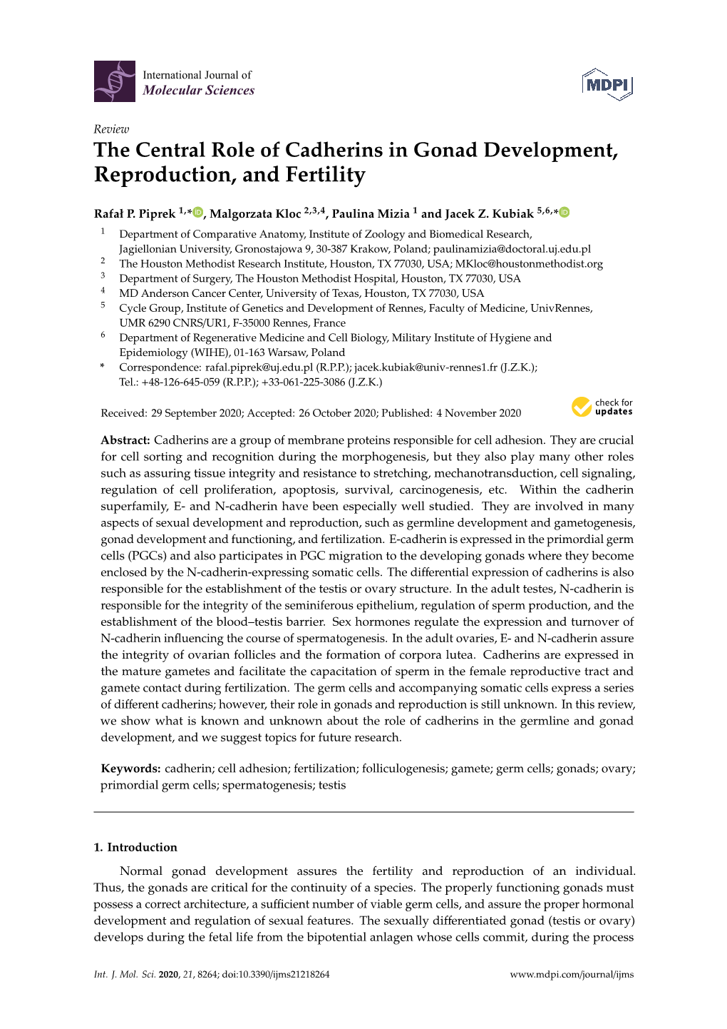 [.95]The Central Role of Cadherins in Gonad Development, Reproduction