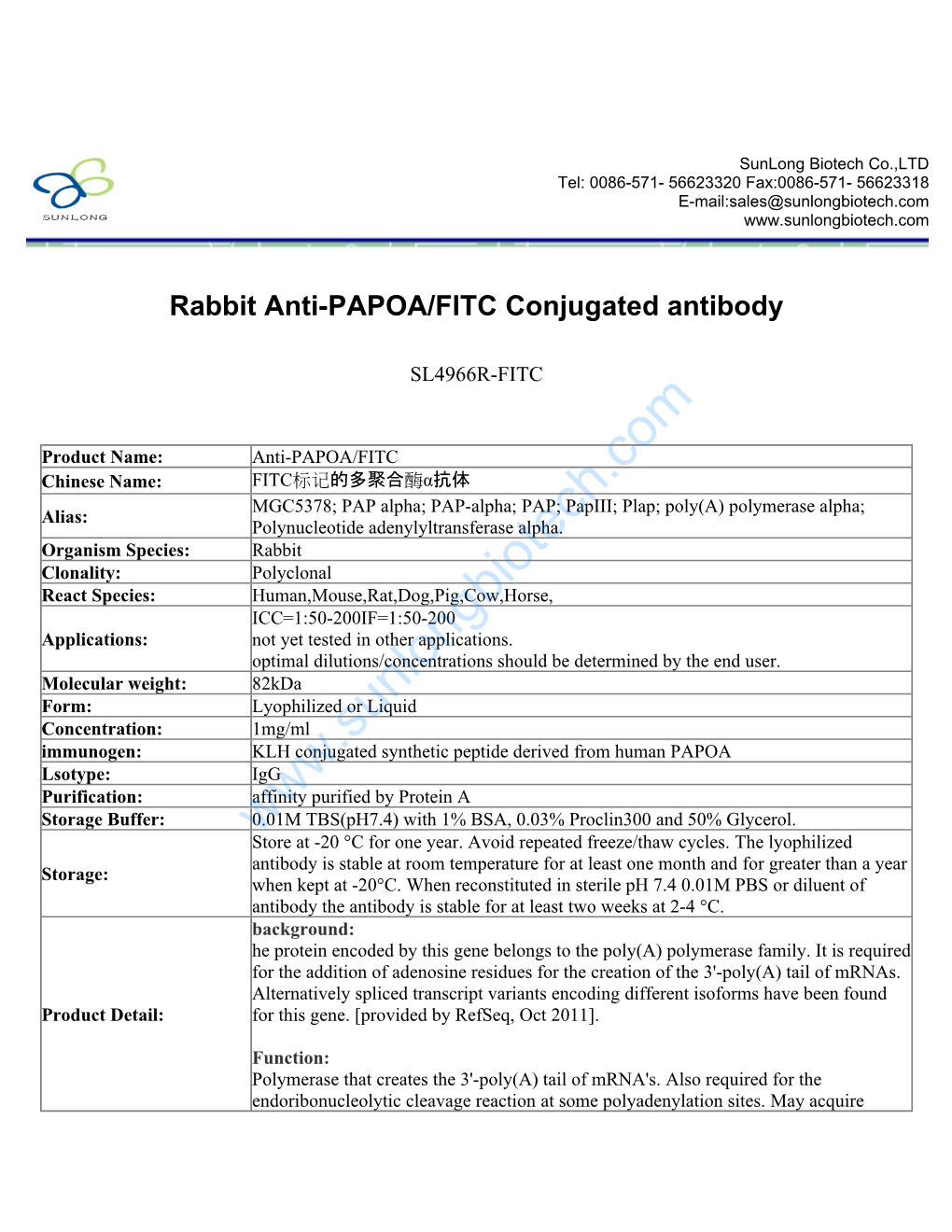 Rabbit Anti-PAPOA/FITC Conjugated Antibody-SL4966R-FITC