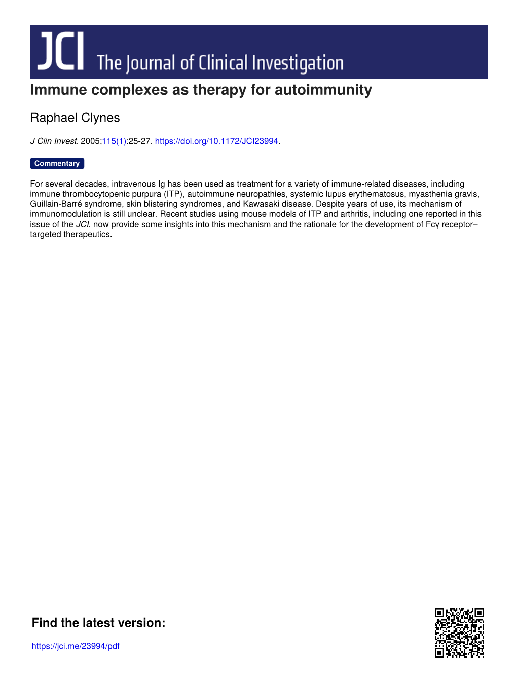 Immune Complexes As Therapy for Autoimmunity