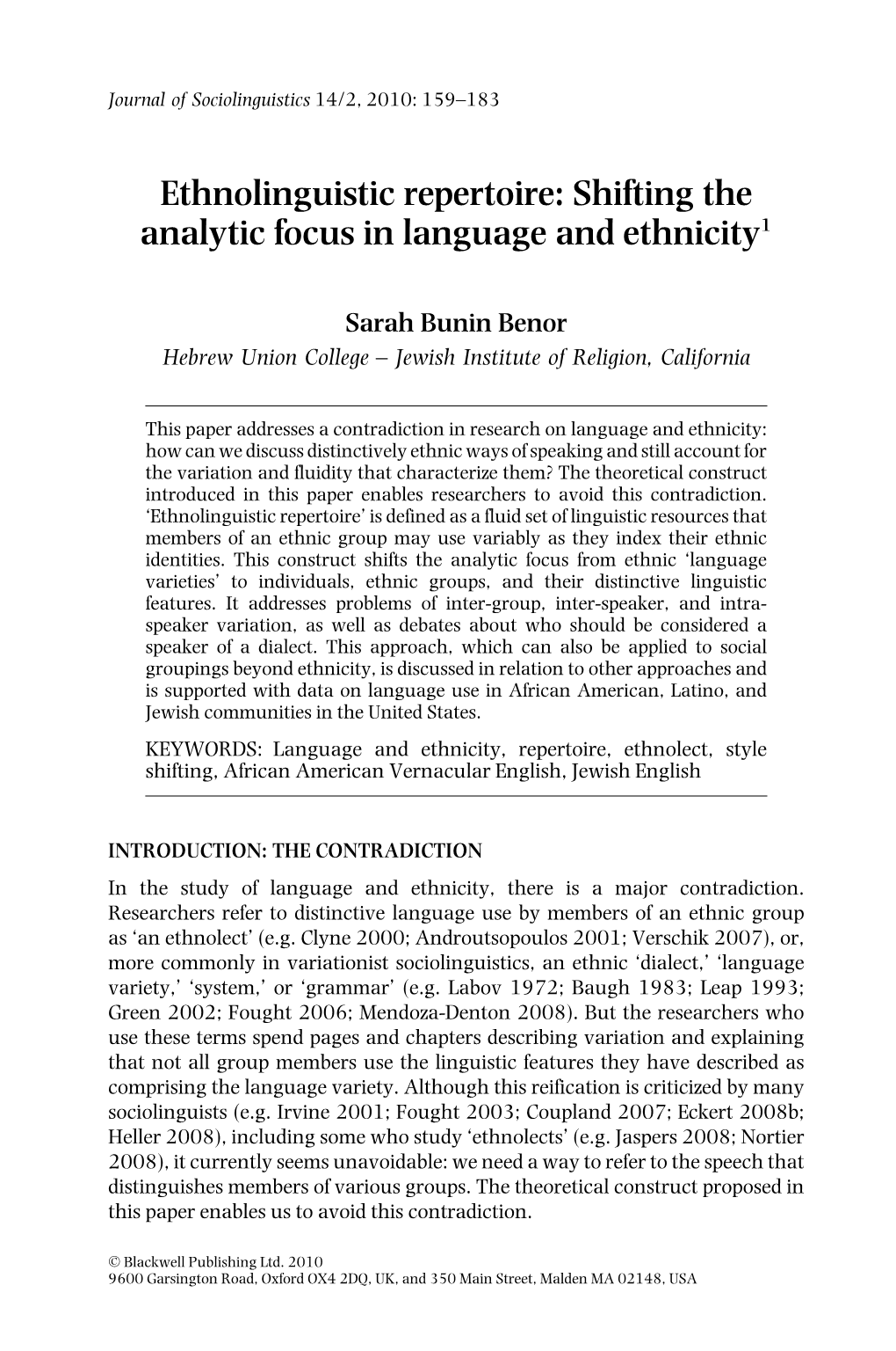 Ethnolinguistic Repertoire: Shifting the Analytic Focus in Language and Ethnicity1