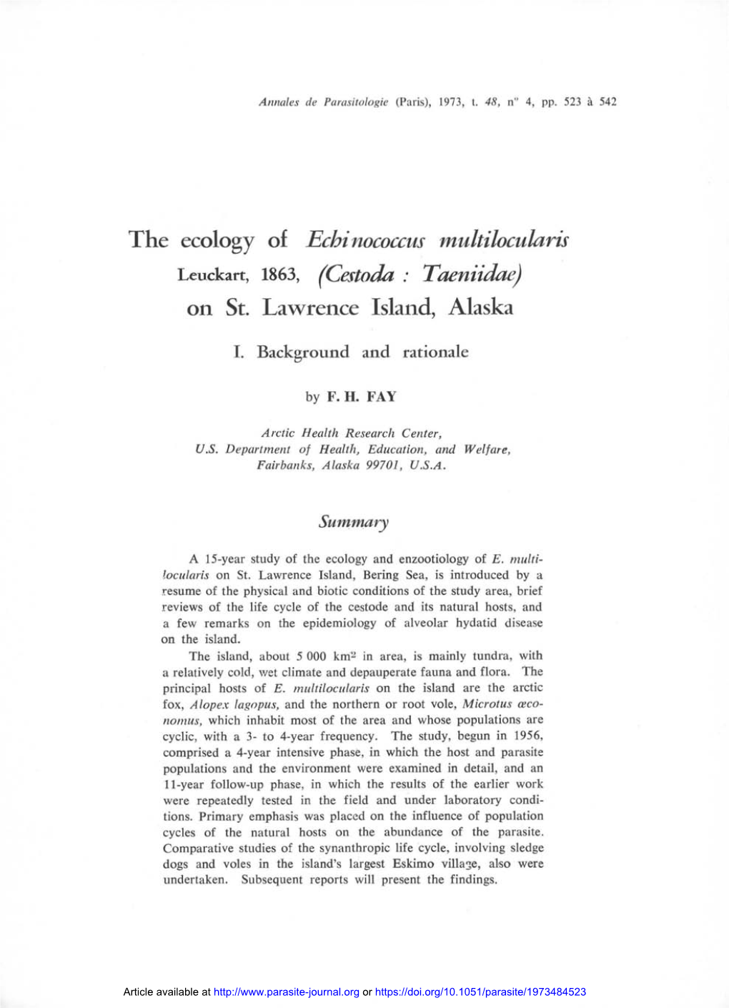 The Ecology of Echinococcus Multilocularis Leuckart, 1863, (Cestoda : Taeniidae) on St