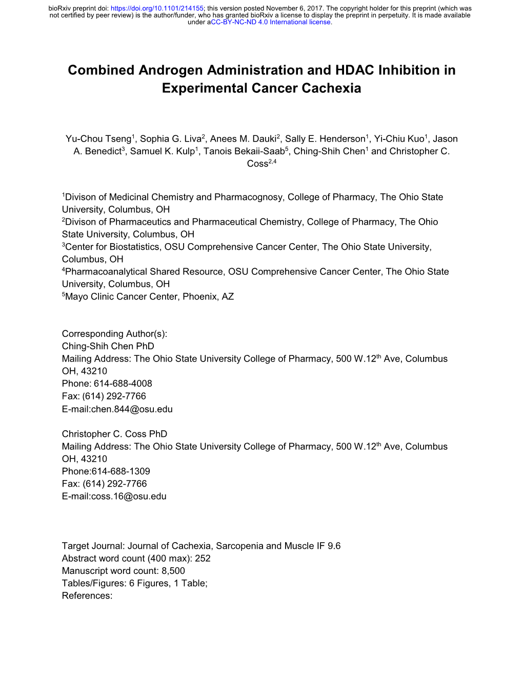 Combined Androgen Administration and HDAC Inhibition in Experimental Cancer Cachexia