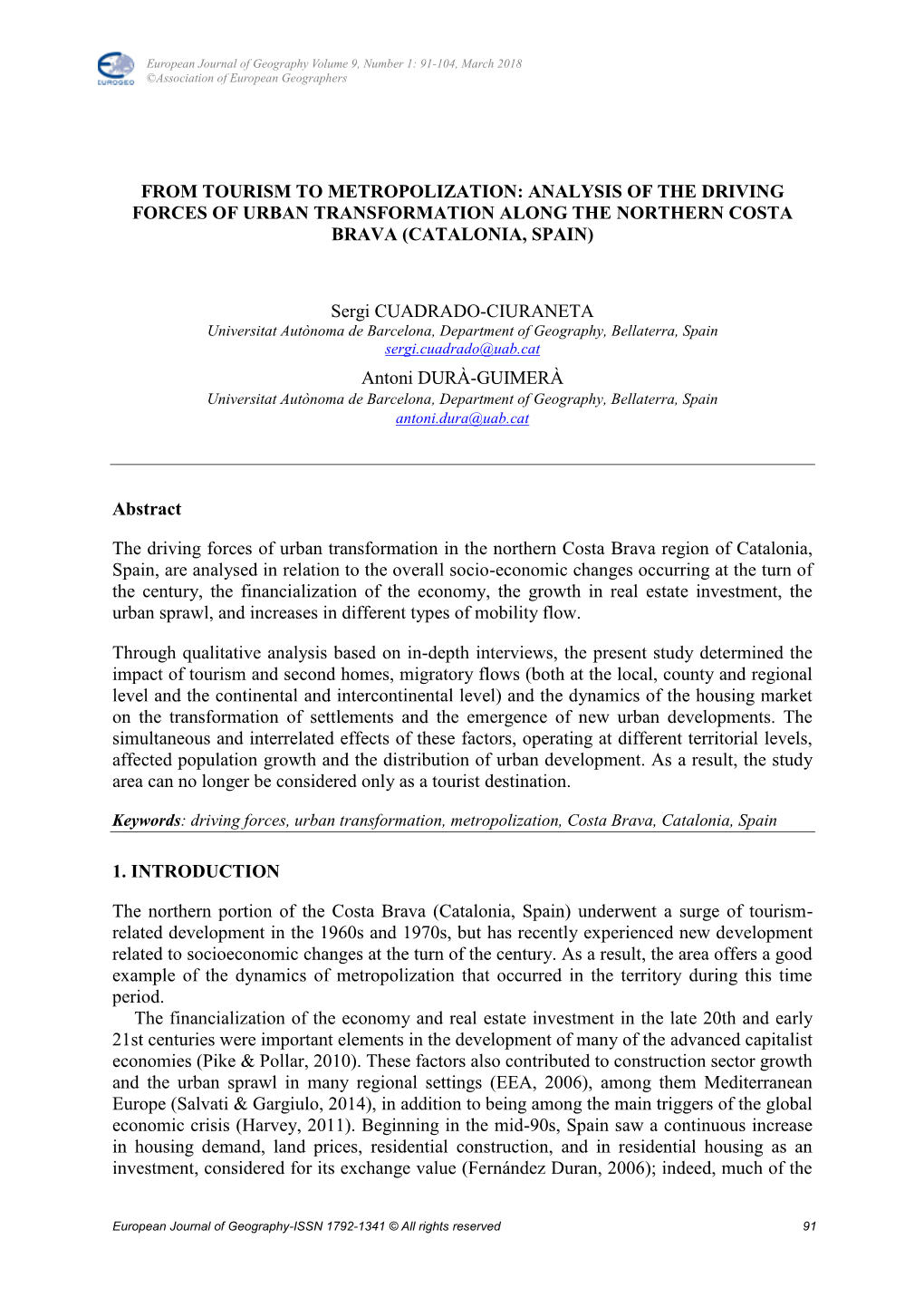 From Tourism to Metropolization: Analysis of the Driving Forces of Urban Transformation Along the Northern Costa Brava (Catalonia, Spain)