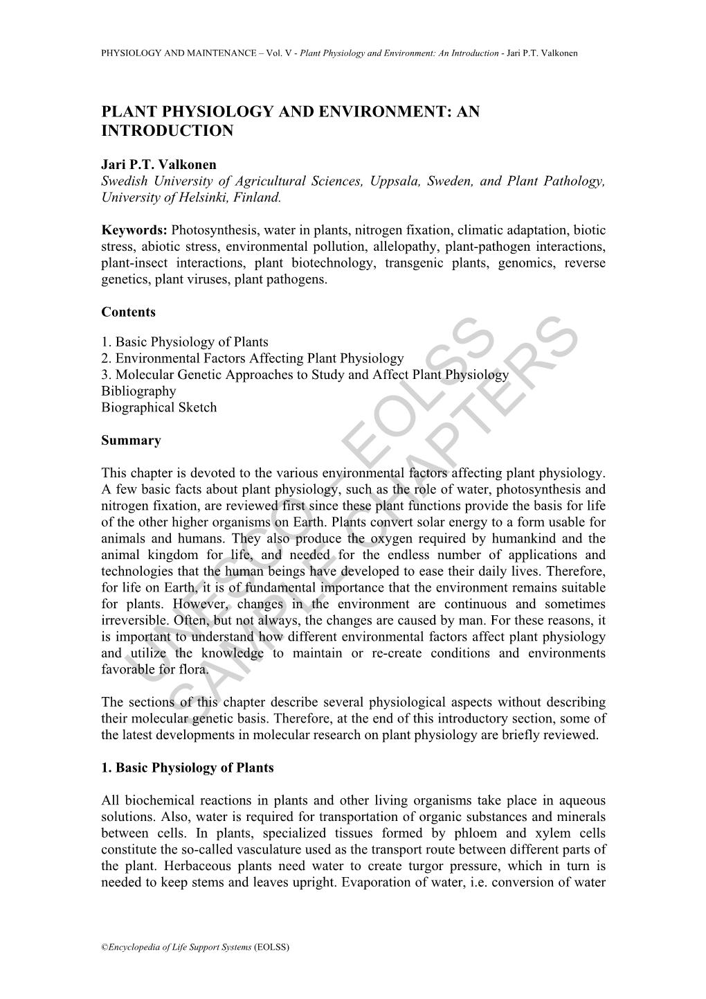 Plant Physiology and Environment: an Introduction - Jari P.T