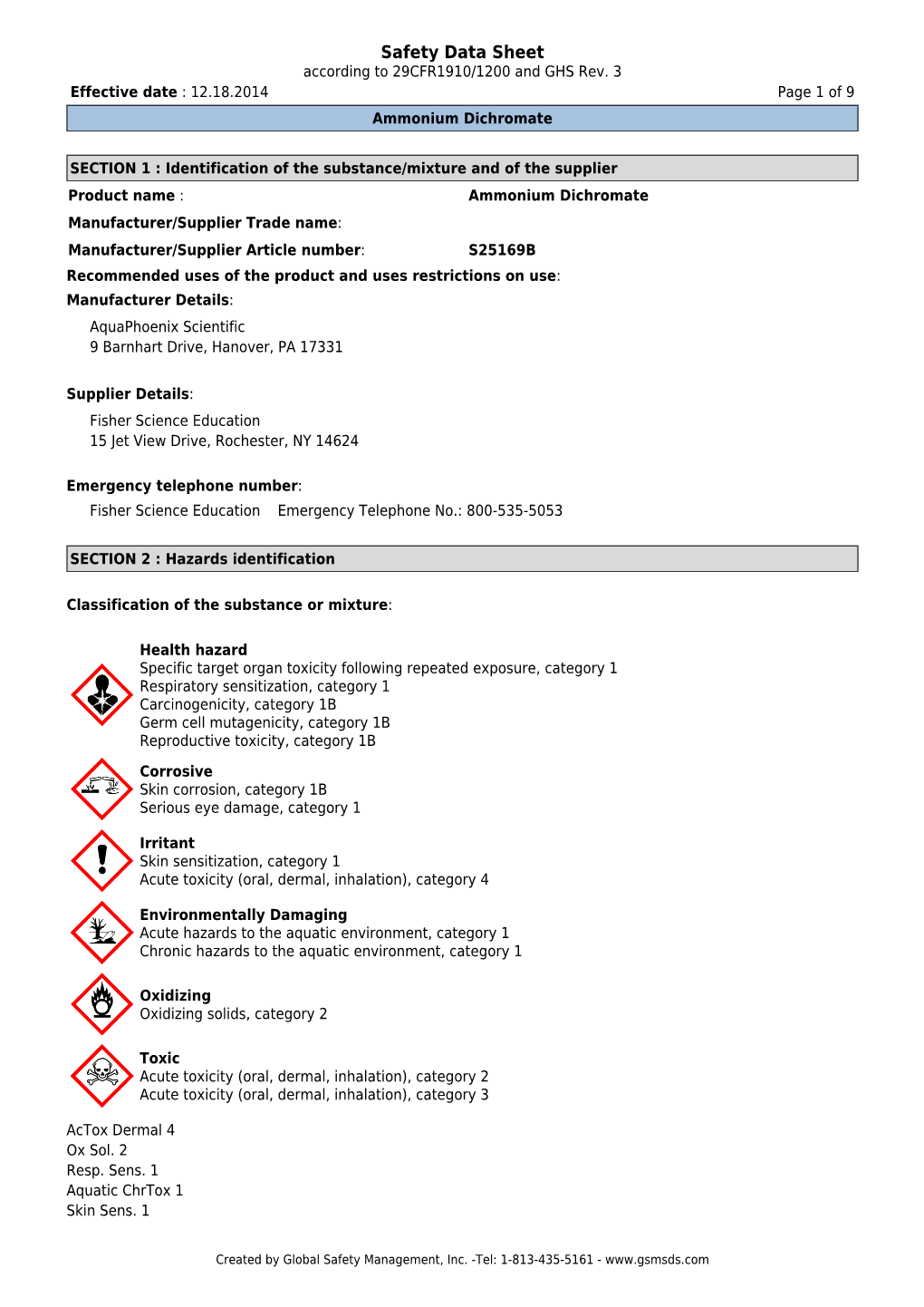 Safety Data Sheet According to 29CFR1910/1200 and GHS Rev