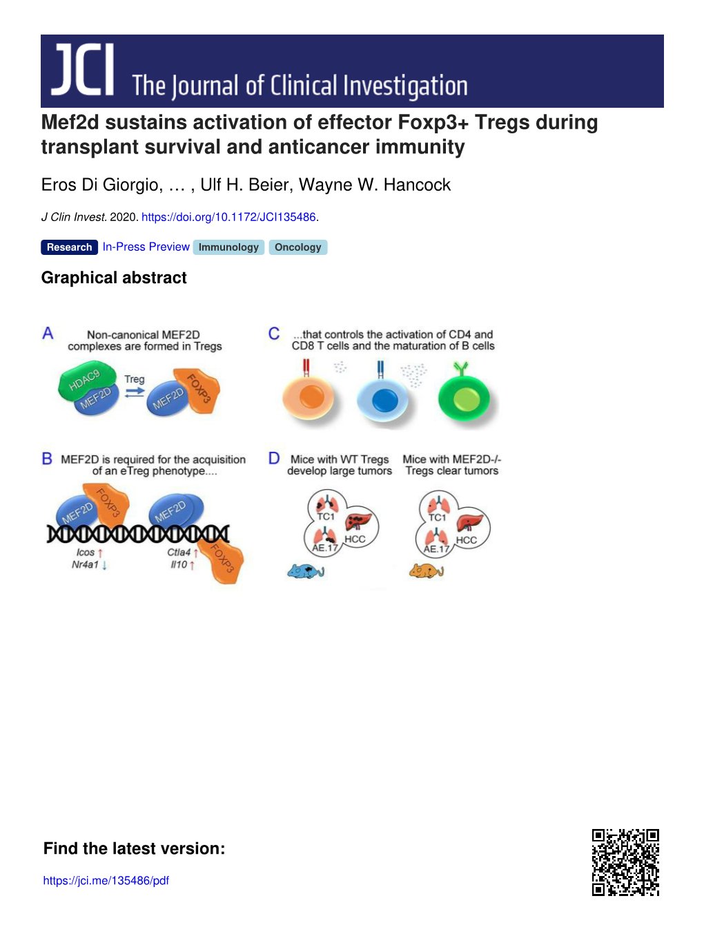 Mef2d Sustains Activation of Effector Foxp3+ Tregs During Transplant Survival and Anticancer Immunity