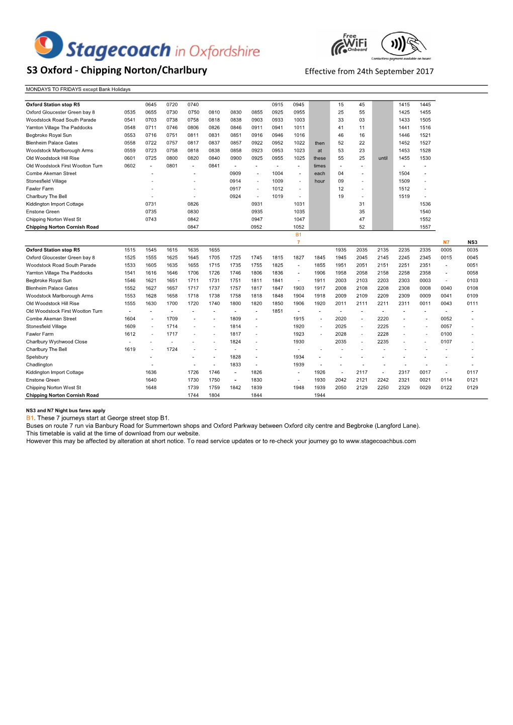 S3 Oxford - Chipping Norton/Charlbury Effective from 24Th September 2017