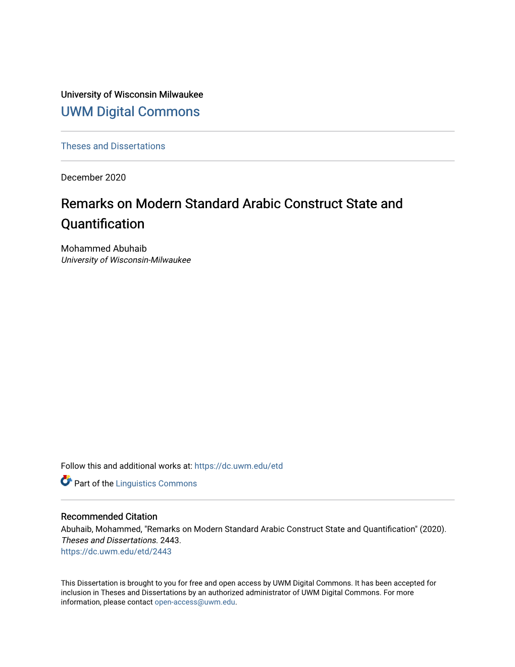 Remarks on Modern Standard Arabic Construct State and Quantification